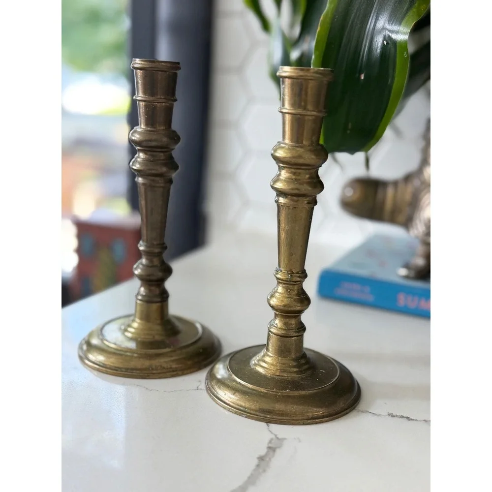Vintage Pair Solid Brass Taper Candle Holders Spindle Style Made in Hong Kong